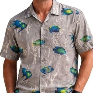 VTG Nautica Competition Fish Print Button Down Shirt Gray Tropical Cotton Mens M